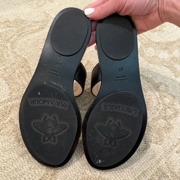Black Gucci Flat Marmont Leather Thong Sandals Size 37 - Picture 11 of 13